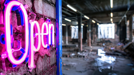 A vibrant neon "Open" sign illuminates an abandoned industrial space, showcasing urban decay and modern aesthetics with its glowing pink hue against rustic bricks.の素材