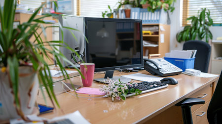 A vibrant office workspace featuring a computer, a coffee cup, and plants, showcasing a blend of nature and technology. Ideal for themes of productivity.の素材