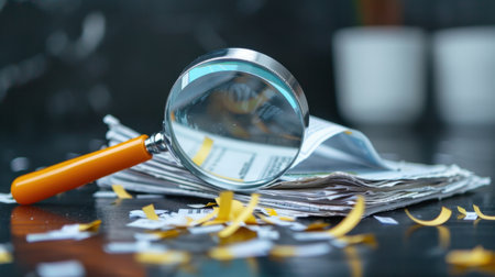 A close-up view of a magnifying glass resting over a stack of papers, surrounded by colorful shredded confetti. The dark background enhances the clarity of the scene, creating a visually striking composition that symbolizes investigation and analysis in an office environment.の素材