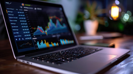 A modern laptop showcases vibrant financial market data, featuring graphs and analytics on a wooden desk adorned with plants and ambient lighting.の素材