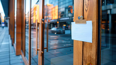 A detailed view of a closed storefront featuring a notice affixed to a clipboard on a wooden door. The cityscape reflects in the glass, portraying a serene urban environment.の素材