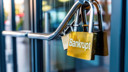 A detailed view of a golden lock indicating bankruptcy, secured on a glass door of a closed business in an urban area, symbolizing financial struggle.の素材