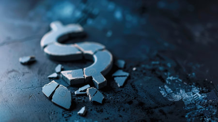 This image features a shattered dollar sign, representing financial instability and economic crisis. The dark atmosphere enhances the theme of uncertainty and loss in the financial world.の素材