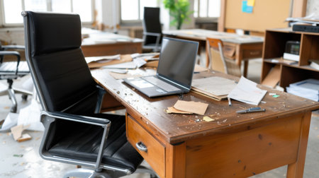 A chaotic office workspace featuring a cluttered wooden desk with scattered papers and a laptop, illustrating the challenges of disorganization in a professional setting.の素材