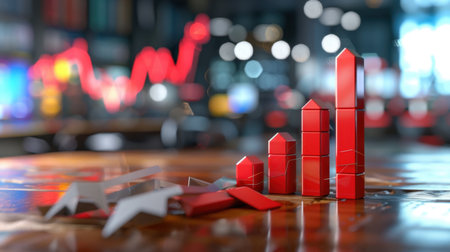 This stock photo features a red bar graph symbolizing growth placed on a wooden table. The blurred background showcases stock market trends and vibrant data displays, perfect for business themes.の素材