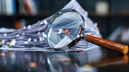A magnifying glass rests atop a chaotic stack of paperwork, highlighting the challenges of organization in a busy office environment.の素材