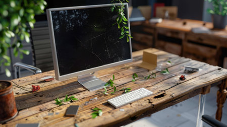 A rustic office workspace featuring a computer monitor and keyboard on a wooden desk adorned with plants and natural decor. This serene setting enhances productivity and creativity.の素材