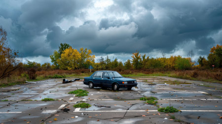 This striking image features an abandoned car sitting alone in a deserted parking lot, surrounded by vibrant autumn foliage and moody clouds above.の素材