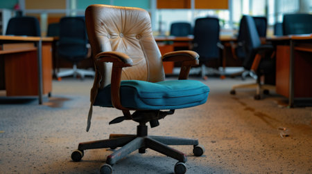 A vintage office chair stands alone in an abandoned workspace, highlighting the contrast of design and emptiness in a professional environment.の素材