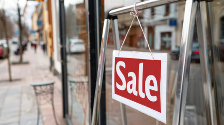A striking red sale sign dangles from a store's entrance, inviting customers to explore special offers in a bustling urban setting.の素材