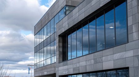 This image features a modern office building showcasing sleek glass windows reflecting a cloudy sky. The contemporary design emphasizes clean lines and urban sophistication.の素材