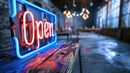 A vibrant neon "Open" sign illuminated in a stylish industrial cafe setting, showcasing a warm and inviting atmosphere with unique design elements.の素材