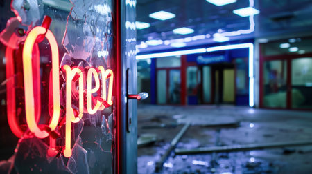 A striking neon "Open" sign shines brightly in a desolate shopping center, creating a captivating contrast amidst the broken glass and dim surroundings.の素材