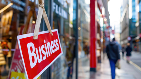 A vibrant red business sign hangs outside a retail store in an urban setting, attracting shoppers with modern architecture and lively atmosphere.の素材