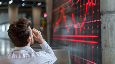 A businessman analyzes fluctuating market trends displayed on red graphical charts in a sleek office setting, reflecting the challenges of finance.の素材