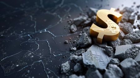 A striking image of a gold dollar symbol resting on a cracked surface, representing economic challenges and resilience. This visual captures the essence of financial dynamics in today's world.の素材