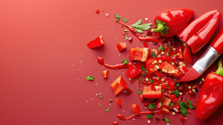 A vivid composition featuring fresh red peppers and sliced vegetables, enhanced by green herbs on a vibrant red background, ideal for culinary inspiration.の素材