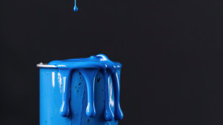 This striking image features vivid blue paint dripping from a wooden can against a dark backdrop, highlighting the beauty of color and artistic expression.の素材