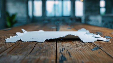A torn piece of white paper rests on a rustic wooden table in a bright and airy modern workspace, illuminated by soft natural light.の素材