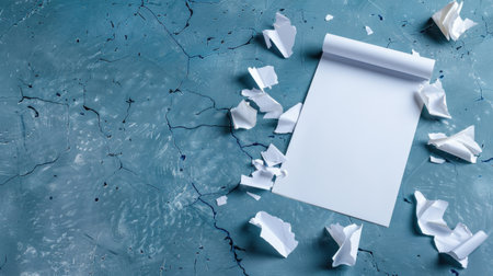 A blank notepad sits on a textured blue surface, surrounded by crumpled sheets of paper, symbolizing creativity and brainstorming. Ideal for showcasing ideas.の素材
