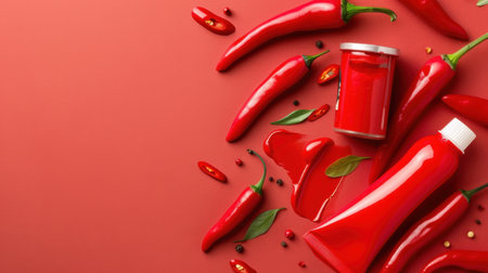A captivating arrangement of fresh red chili peppers, sauces, and spices on a striking red background, perfect for food photography and culinary inspiration.の素材