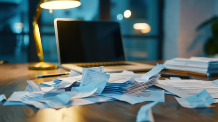 A chaotic workspace showcases piles of paper and receipts scattered across a wooden desk, with a laptop illuminated under a desk lamp in a dimly lit environment.の素材