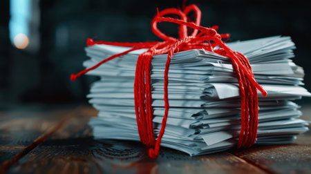 A visually striking image featuring a bundle of neatly organized papers tied securely with a bright red string, resting on a rustic wooden table.の素材