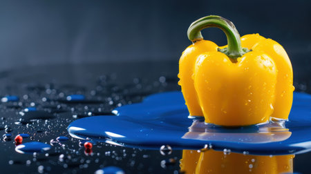 A vibrant yellow bell pepper stands out on a sleek blue paint surface, surrounded by water drops, creating a striking visual contrast perfect for food art.の素材