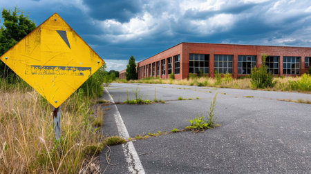 This image showcases an abandoned warehouse surrounded by wild grass and a warning sign under a dramatic cloudy sky. It captures themes of neglect and decay.の素材