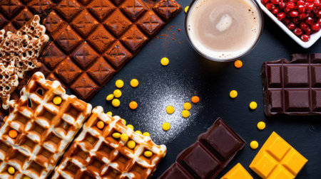 A captivating flat lay composition featuring an assortment of chocolates, colorful candies, and a cup of coffee, perfect for dessert lovers.の素材