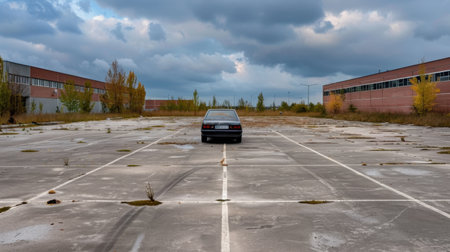 A solitary car stands in an empty parking lot, flanked by overgrown grass and industrial buildings under a dramatic cloudy sky, evoking a sense of abandonment.の素材
