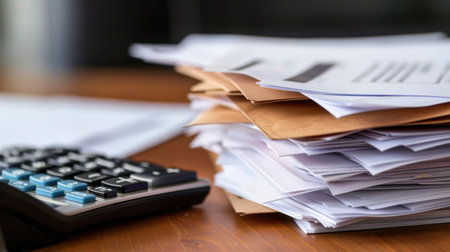 A close-up view of a stack of papers beside a calculator on a wooden desk symbolizes the complexities of office work and finance management.の素材