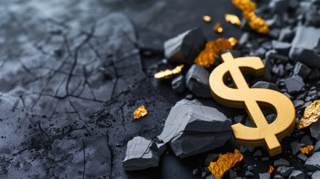 A striking image of a golden dollar sign resting on crushed rocks against a dark background, representing themes of wealth, strength, and the modern financial landscape.の素材