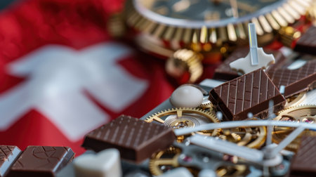 This captivating close-up image showcases the intricate details of Swiss chocolate and watch gears against a vibrant red backdrop, symbolizing luxury and craftsmanship.の素材