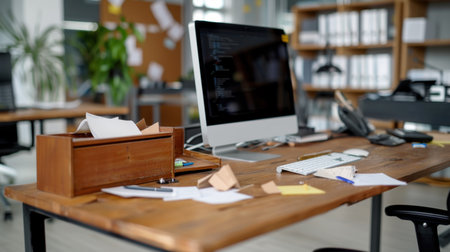 A modern workspace showcases a cluttered wooden desk with a computer monitor, office supplies, and natural light, perfect for creative professionals.の素材