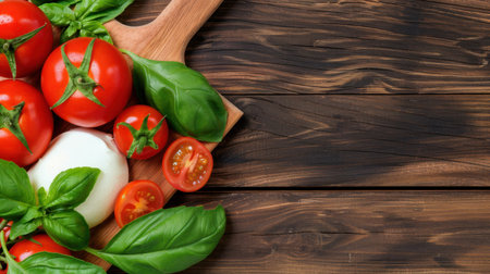 A beautiful arrangement of fresh red tomatoes and green basil leaves on a wooden chopping board, perfect for cooking and healthy meals.の素材