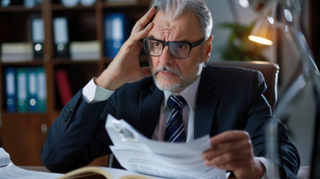 A worried business professional examines financial documents in an office, showcasing stress and concern about potential issues related to management decisions.の素材