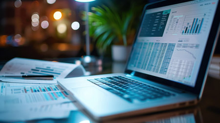 A laptop displaying financial reports and analytics in a modern office setting at night, highlighting the importance of data analysis in business success.の素材