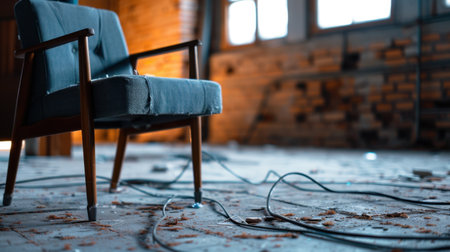This image captures a lonely vintage chair amidst a chaotic scene of dust and debris in an abandoned interior, evoking a sense of nostalgia and decay.の素材
