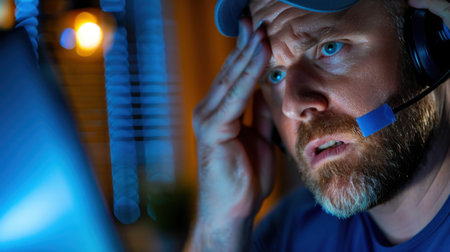 A focused man with a headset displays visible stress while working late at night at his computer, highlighting themes of anxiety and work pressure.の素材