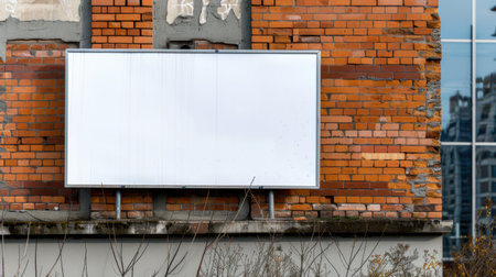 A serene view of an empty billboard mounted on a rustic brick wall, surrounded by overgrown plants and reflecting urban architecture, ideal for advertising concepts.の素材