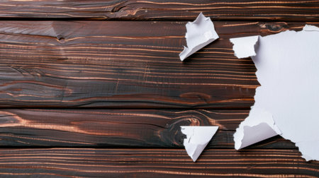 A close-up view of torn paper revealing a rustic wooden surface beneath. The rich, warm brown tones and grain patterns provide an ideal background for creative projects.の素材