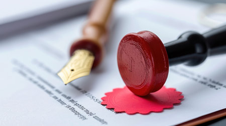 A detailed view of a vintage quill pen alongside a red wax seal on an elegant document, symbolizing tradition and artistry in correspondence.の素材