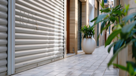 A clean and tranquil urban alleyway featuring a roller shutter and a decorative planter, illuminated by bright daylight, perfect for an outdoor lifestyle scene.の素材