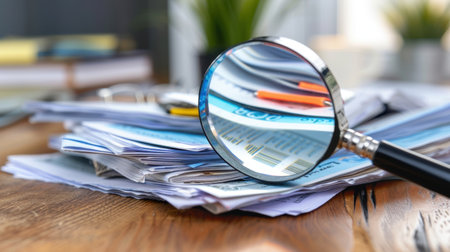 A close-up view features a magnifying glass placed over a disorganized stack of paper documents on a wooden table, creating a sense of analysis and investigation.の素材