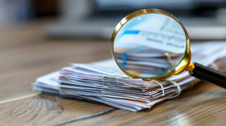 A close-up image showcasing a stack of documents viewed through a magnifying glass, emphasizing detail and clarity on a rustic wooden desk.の素材