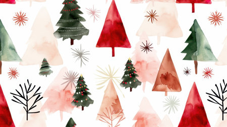 This charming watercolor pattern features a delightful assortment of Christmas trees in various shapes and colors, perfect for seasonal decor or design projects.の素材