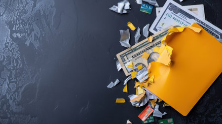 A chaotic scene showcasing an orange envelope surrounded by crumpled dollar bills and credit cards, reflecting themes of financial disarray and waste.の素材