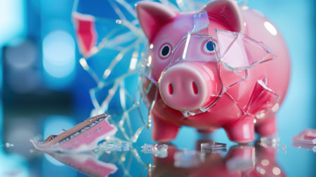 A broken pink piggy bank surrounded by glass shards symbolizes financial loss and shattered savings, reflecting the challenges of money management.の素材