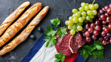A beautifully arranged composition featuring fresh baguettes, vibrant green and red grapes, juicy cuts of meat, and fragrant herbs on a dark surface.の素材